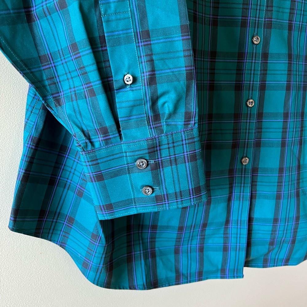 *HOST PICK* Landsโ End No Iron Supima Cotton Teal Green/Black/Purple Plaid Shirt - Picture 8 of 14